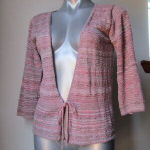 Pink crochet knit cardigan open front, size small